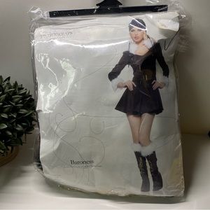 LRG Brown Baroness Costume Mini Dress plush Collar cuffs Boot tops Cap Goggles